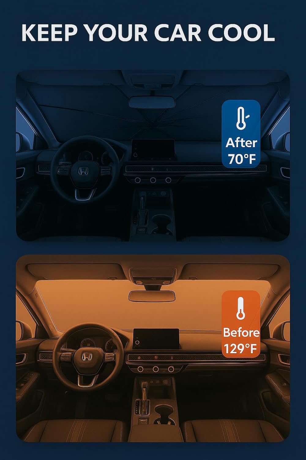 Proadsy Windshield Sun Shade Umbrella for Honda Civic 2022-2025 2026 Foldable Car Umbrella Sunshade with Soft TPU Handle Spring Structure Crystal Cooling Material Protect Car from Rays & Heat