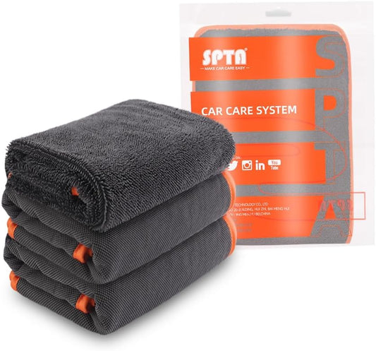 SPTA Microfiber Car Drying Towels, Cleaning Cloth Towels, Twist Pile Rapid Drying Orange Edge Car Microfiber Towels for Car Detailing, Pack of 3, 16.5 x 16.5 Inch, 600 GSM, Gray-MT040
