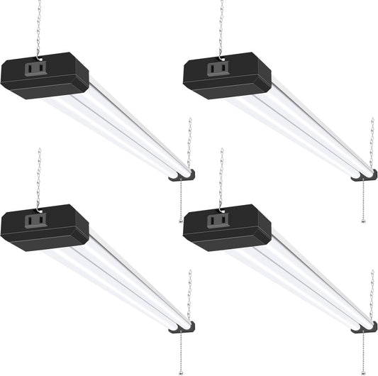 hykolity 4 Pack 4FT LED Shop Light, Linkable Utility Shop Lights, 42W, 5000K Daylight White Shop Light for Garages, Workshops,Hanging or FlushMount, Power Cord with Pull Chain Switch, Balck, ETL