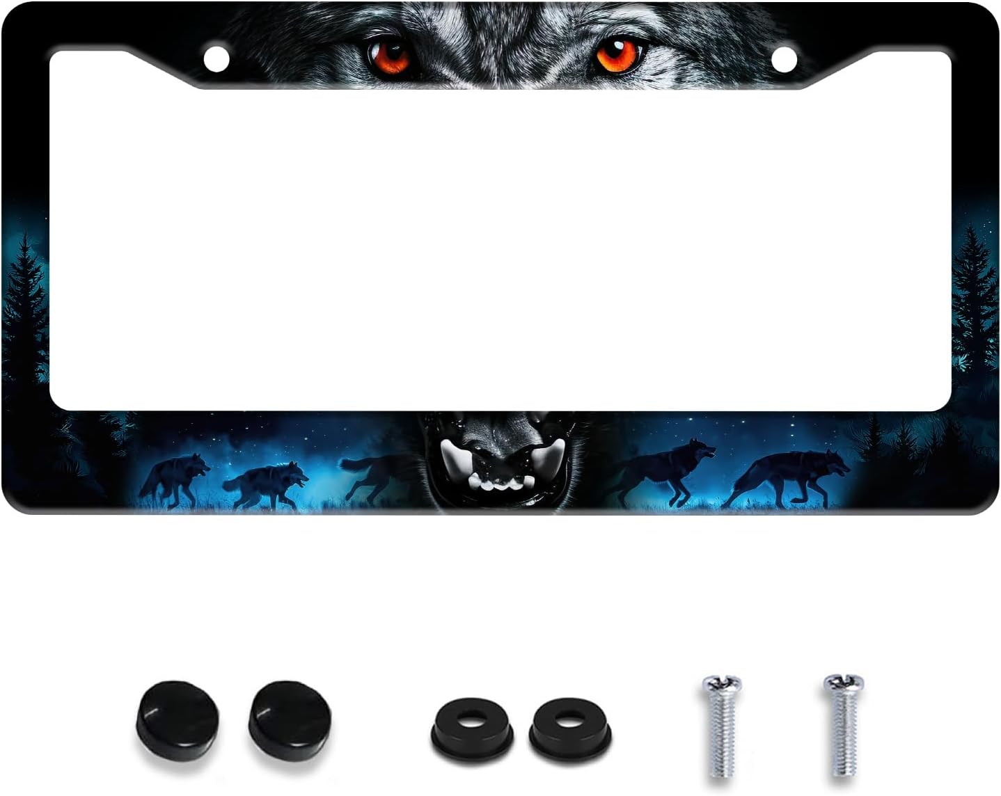 Personalized License Plate Frame Wolf Howling Stainless Steel Accessory Night Forest Animal Holder Funny Car Decorative 2 Holes Screws Fits Us Standard License Plates 12.2 X 6.3 in for Men Women