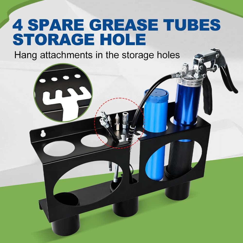 JDMON Grease Gun Holder Compatible with 2 Grease Guns, Grease Gun Rack Wall Mount Tractor, Grease Organizer, Grease Gun Storage with Removable Drip Cups & Spare Grease Tube Holder for Workshop, Garage