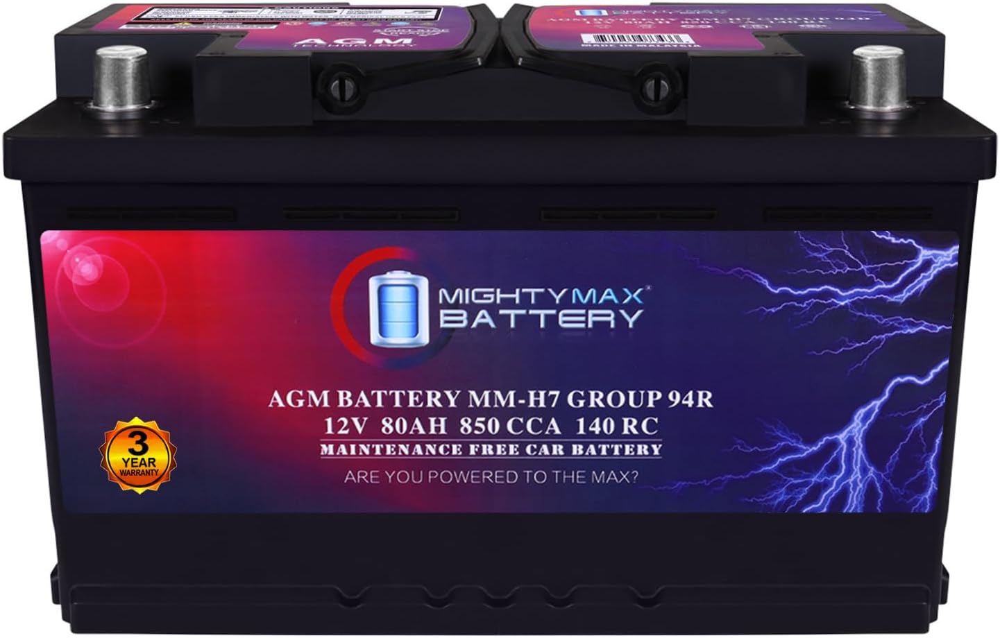Mighty Max Battery MM-H7 Start and Stop Car BCI Group Size 94R 12V 80AH, 140RC, 850 CCA Rechargeable AGM Car Battery