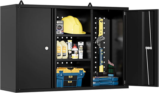 Metal Wall Cabinets for Storage with Locking Doors Adjustable Shelf Pegboard and Hooks, Metal Garage Wall Cabinet, Floating Upper Storage Cabinet