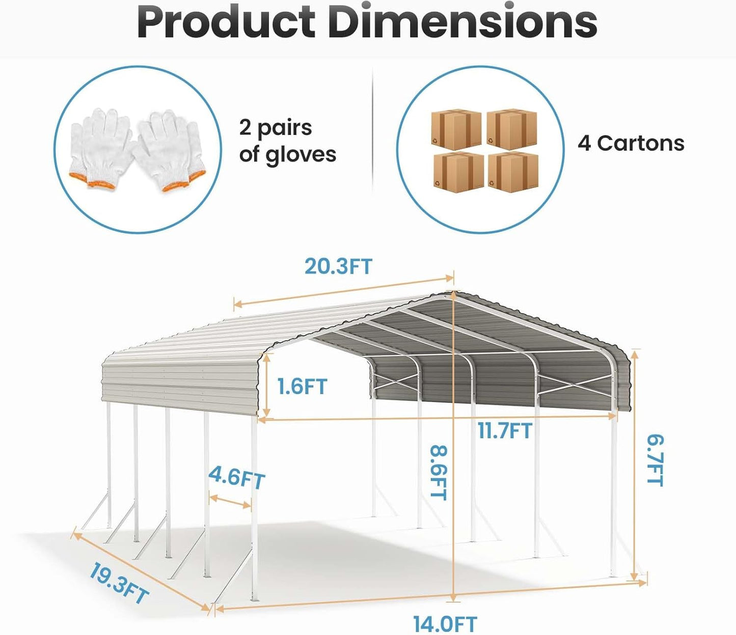 12x20' Heavy Duty Metal Carport – Sturdy Structure, All-Weather Protection, Easy Assembly for Cars, Trucks, Boats, Tractors, and Outdoor Storage (White, 12x20FT)