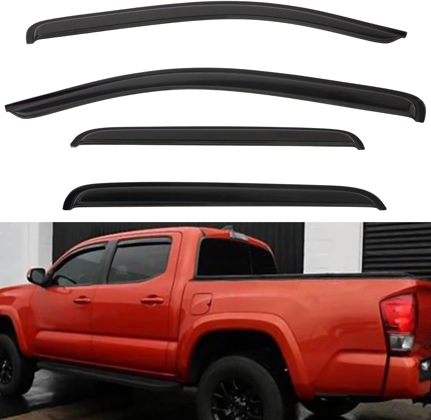 4pcs Front+Rear Smoke Tint Sun/Rain Guard Outside Mount Tape-On Vent Window Visors Compatible with 16-22 Tacoma Double/Crew Cab with 4 Full Size Doors