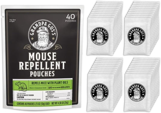 Grandpa Gus's Natural Mouse Repellent Pouches, Cinnamon/Peppermint Oils Repel Mice from Nesting & Freshen Air in Home/Cabin/Boat/Car/Storage/RV/Machinery/Shed, 1.75 Oz (40 Pouches)