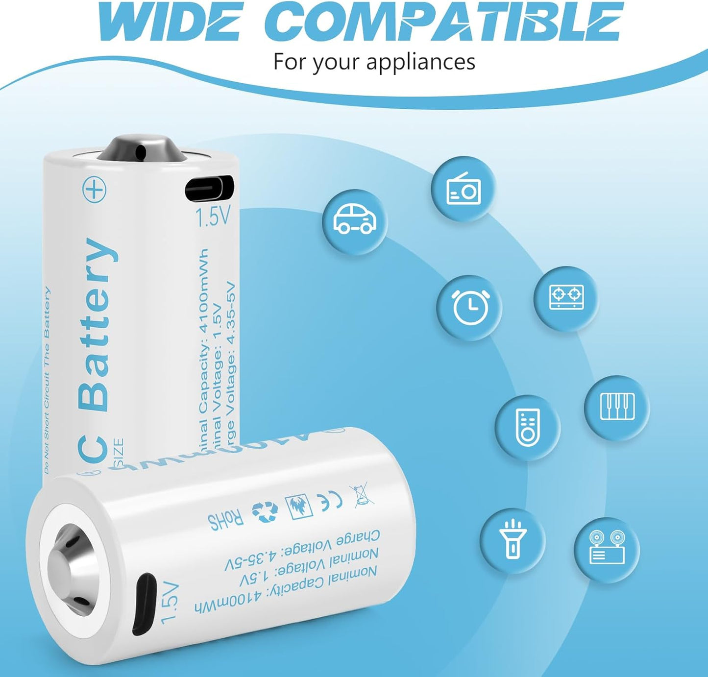 Rechargeable Lithium C Battery 8 Pack, Batteries c Size，Long Lasting1.5V C Batteries Rechargeable with 4 in 1 USB-C Charge Cable for Television Remote, Flashlights