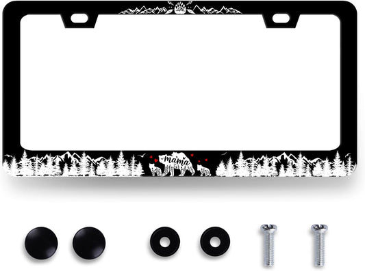 Mama Bear with Mountain License Plate Frame Forest Mountains License Plate Stainless Steel Funny Black Accessories Cars Decor 12.2 X 6.2 Inch with 2 Holes and Screws Fits Standard Us Ca Vehicles