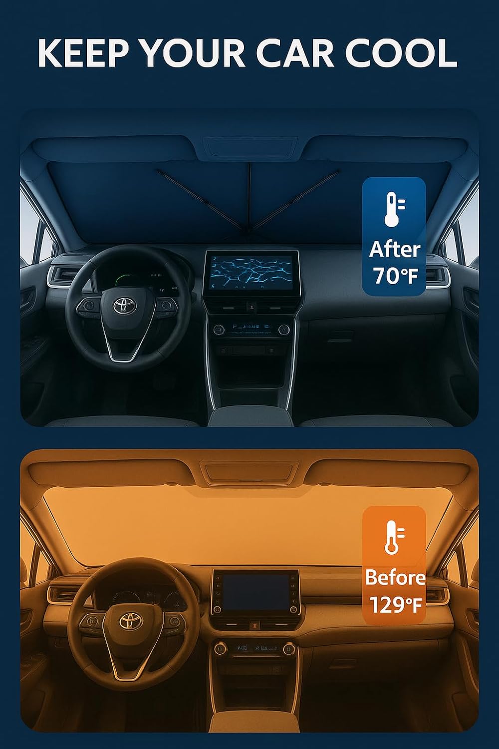 Proadsy Windshield Sun Shade Umbrella for Toyota bZ4X 2023-2025 2026 Foldable Car Umbrella Sunshade with Soft TPU Handle Spring Structure Crystal Cooling Material Protect Car from Rays & Heat