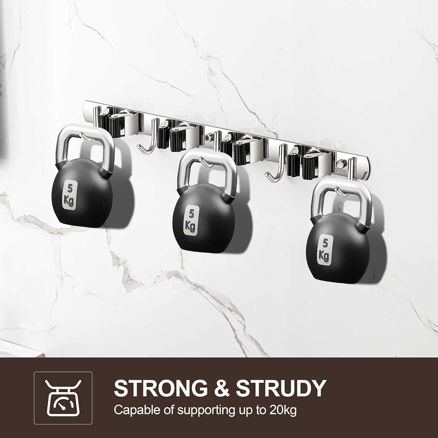 2 Pack Broom Holder Wall Mount, Stainless Steel Broom Hanger Wall Mount, Heavy Duty Mop and Broom Holder Tool Racks Utility Hooks for Laundry Room Garden Garage, Grey (5 Racks and 4 Hooks)