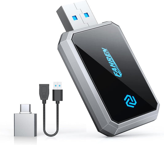 FAHREN Mini Wireless CarPlay Adapter,Bluetooth & WiFi Connection,Plug-N-Play,No Lag for Navigation,Compatible with iOS 10+ & Car 2016+,USB-A Extension Cable & Type-C Adapter.
