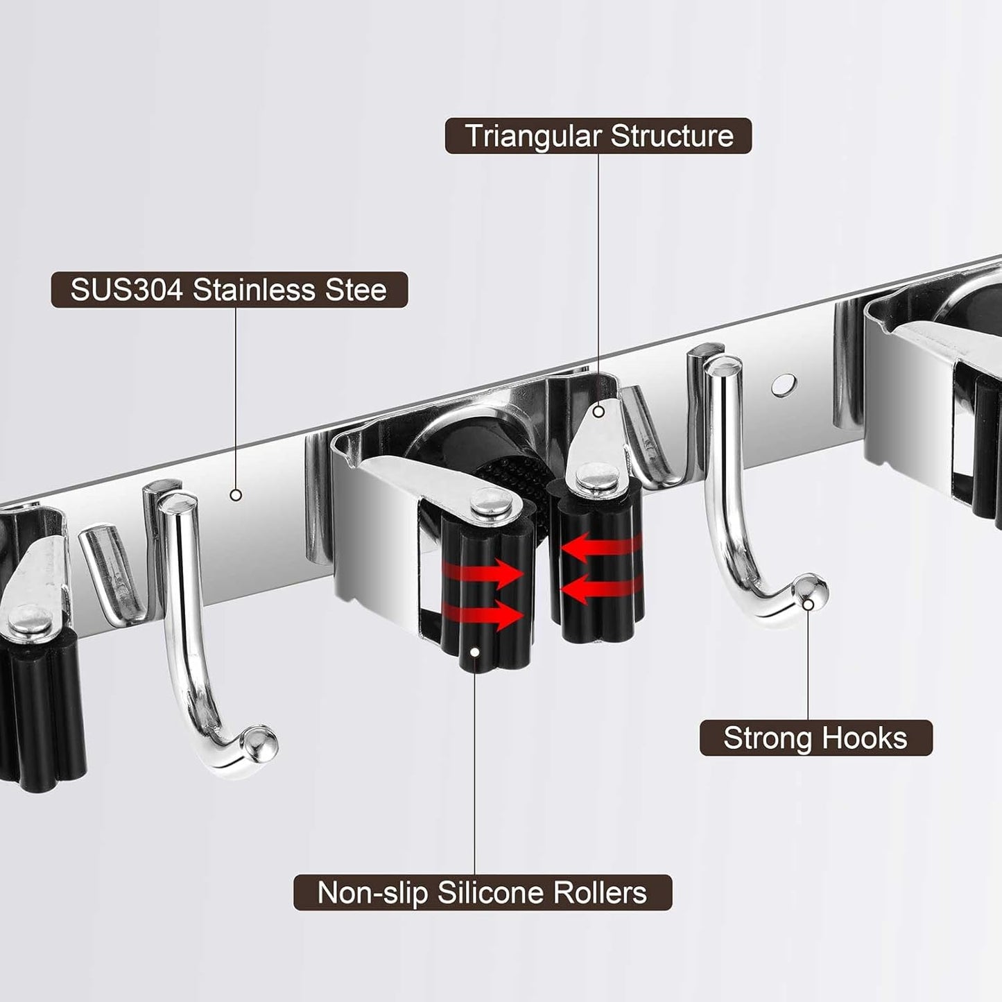 Broom Holder Wall Mount, Stainless Steel Broom Hanger Wall Mount, Heavy Duty Mop and Broom Holder Tool Racks Utility Hooks for Laundry Room Garden Garage, Black (5 Racks and 4 Hooks)