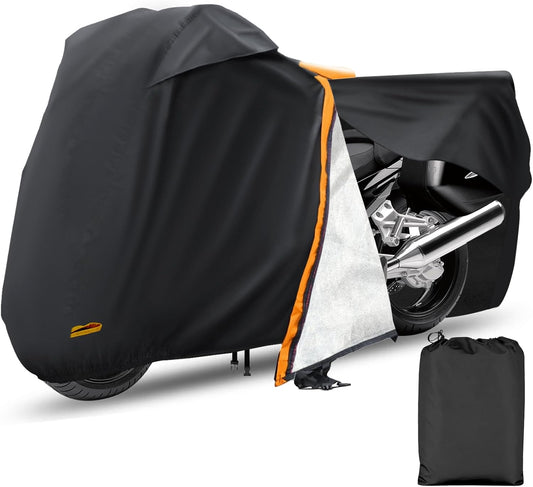 Motorcycle Cover,Waterproof Zipper Outdoor Cover for All Seasons Windproof, High Heat Resistance Dustproof and Rainproof Snowproof(Orange Zipper L Fits Up to 91 inch)