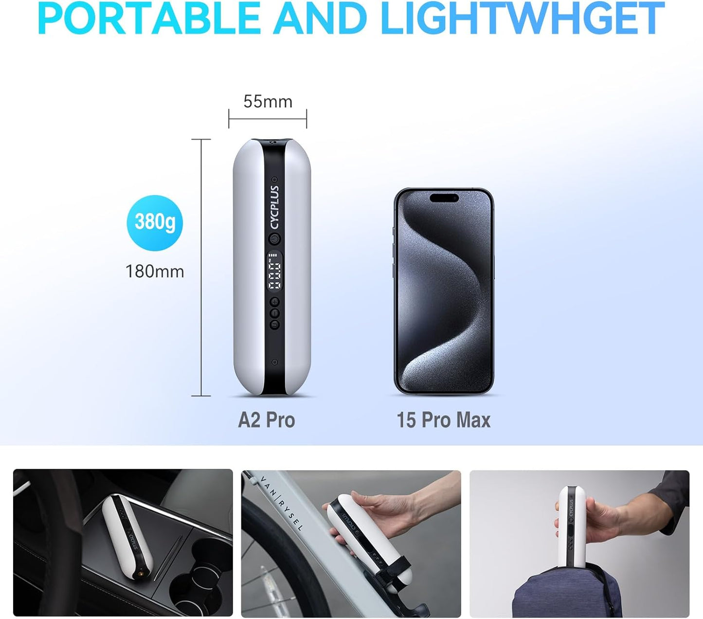 CYCPLUS Electric Air Compressor Portable Bicycle Pump Car Tire Inflator, Max 150 PSI, Auto Shut-Off Air Pump with Presta and Schrader Valves for All Bicycles Motorcycles and Cars