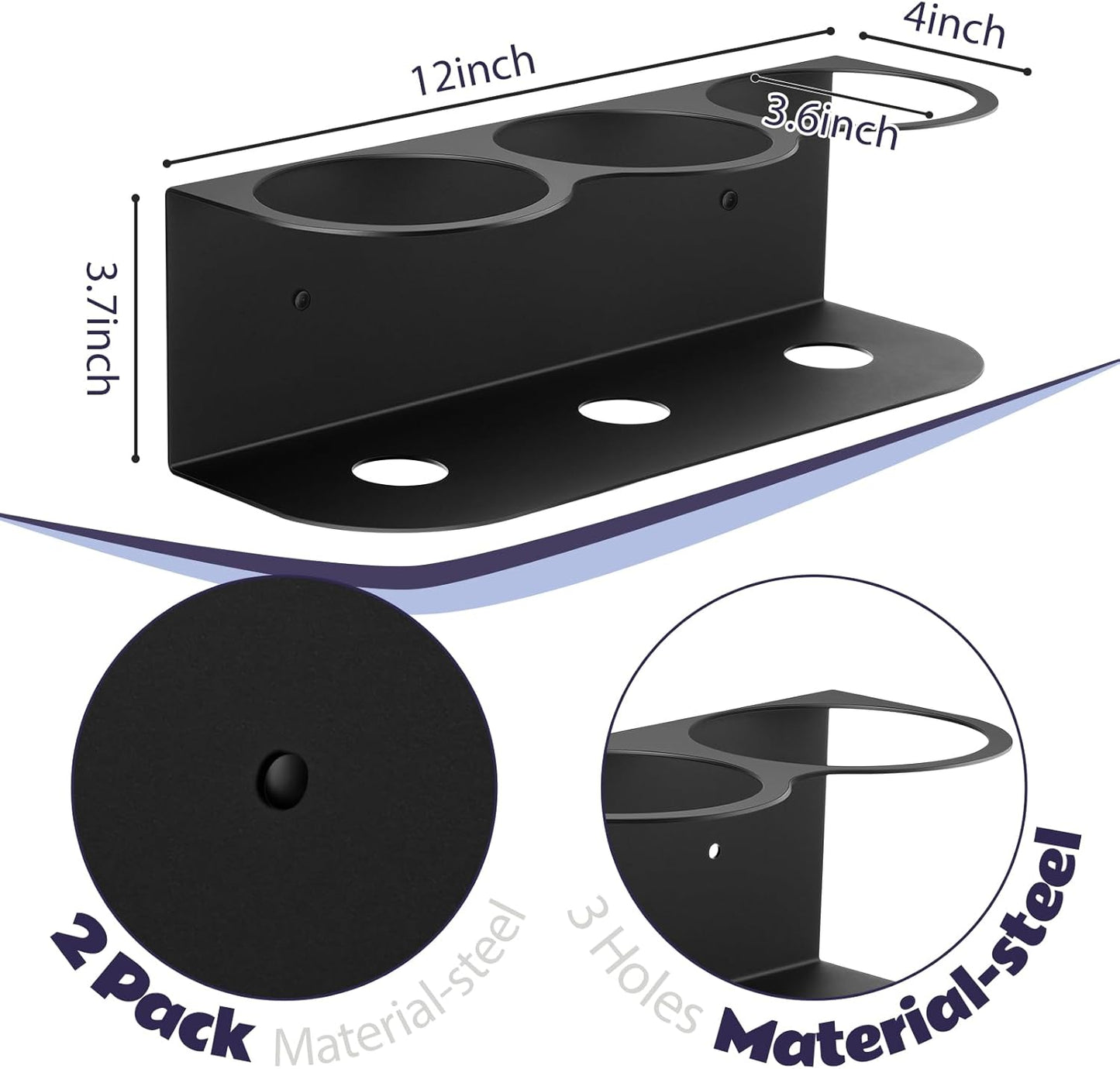 Therwen 2 Pcs 3 Holes All Purpose Steel Spray Bottle Holder Heavy Duty Can Holder Rack Organizer Easy Install Wall Mount Paint Spray Bottle Organizer Storage Rack for Garage Home Workspace(Black)