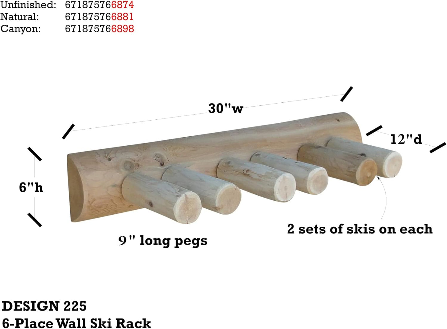 6-Place Log Ski Rack Wall Mount, Indoor Ski Storage Rack for Garage Organizers, Wooden Skis Wall Mount Storage Racks, Pole Skis Sports Racks, Garage Organization Walls - Canyon Brown