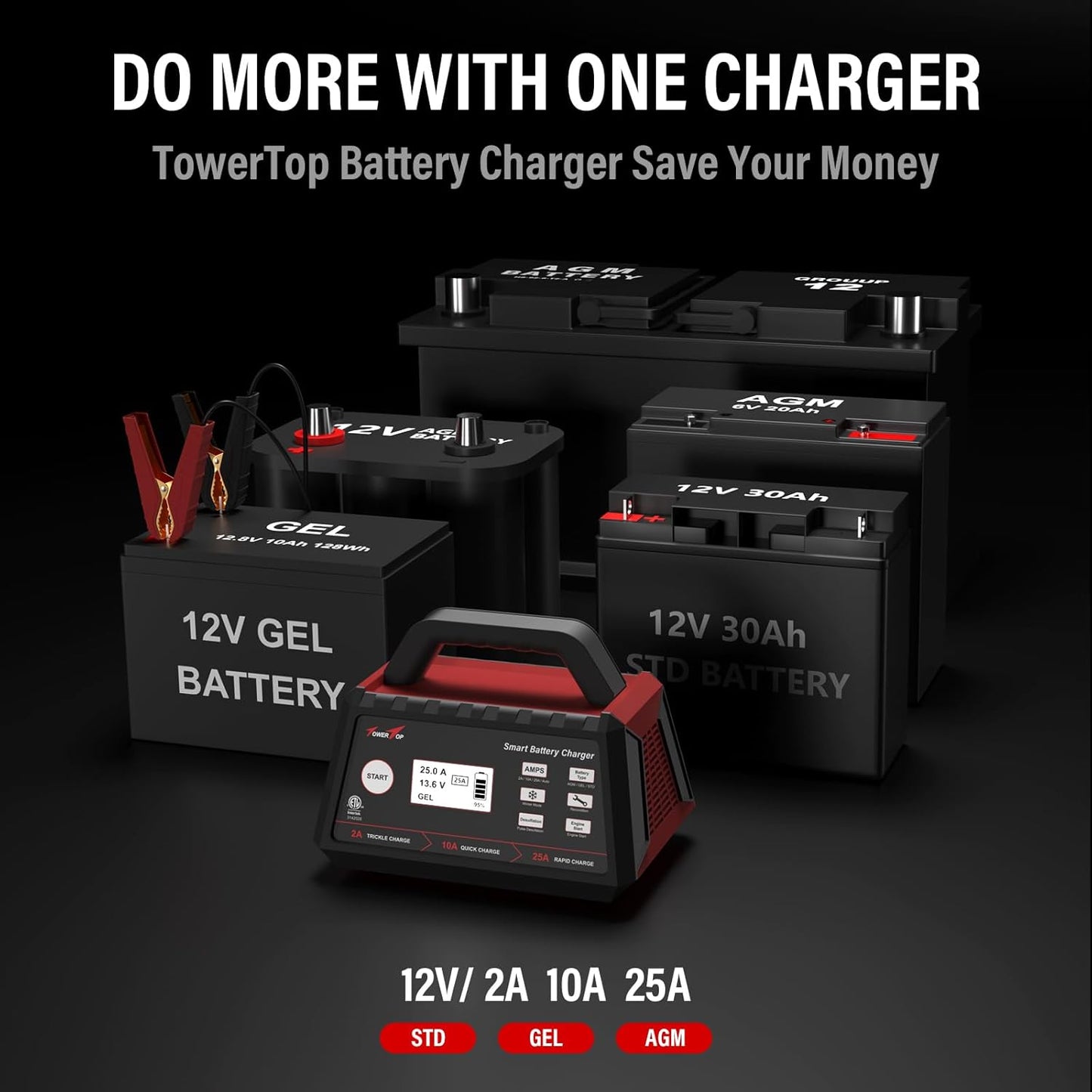 TowerTop 2/10/25 Amp 12V Smart Car Battery Charger, Fully Automatic Battery Maintainer with Engine Start, Auto Desulfator, Battery Repair, Winter Mode, for AGM, STD, Gel, Deep Cycle Batteries