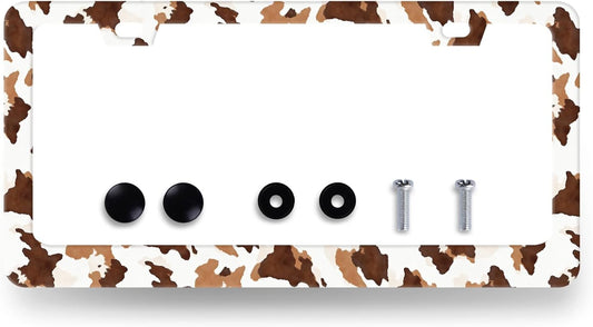 Brown White Cows Print License Plate Frame Animals License Plate Holder Stainless Steel Funny Design with 2 Holes and Screws 12.3" x 6.3"