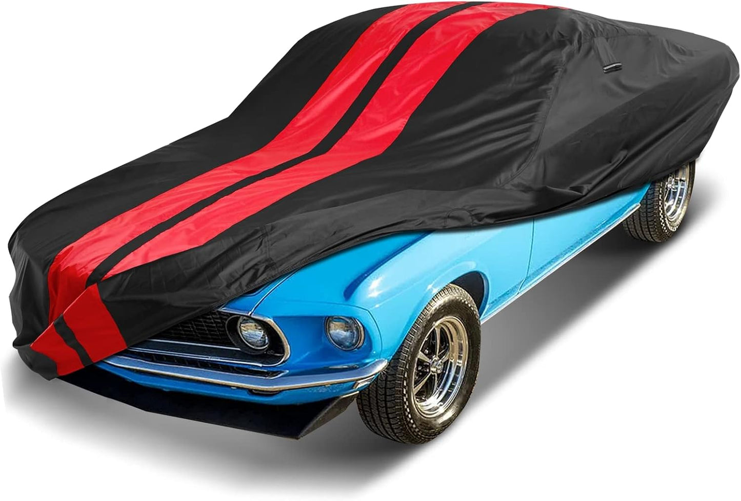 iCarCover Custom Car Cover for 1969-1973 Ford Mustang Waterproof All Weather Rain Snow UV Sun Protector Full Exterior Indoor Outdoor Car Cover (Stripe - Black/Red)