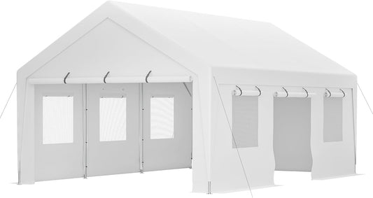 13x20 ft Heavy Duty Carport with Removable Sidewalls & Roll-up Windows, Portable Garage Tent with Doors, All-Season Outdoor Canopy Shelter for Car, Truck, Boat, White