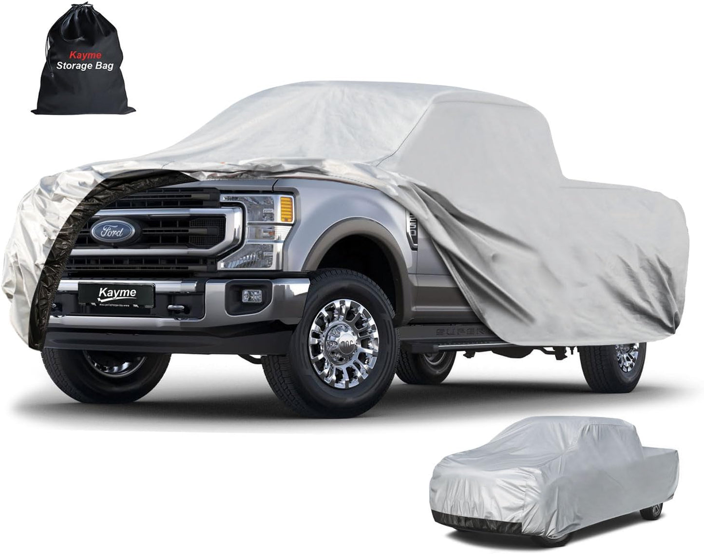 Kayme Full Size Truck Cover Waterproof All Weather, Heavy Duty Outdoor Large Pickup Cover Sun Rain Uv Protection, Universal Fit Ford F250 F350 RAM 2500 3500(Length Up to 262 inch) XXXL.Silver