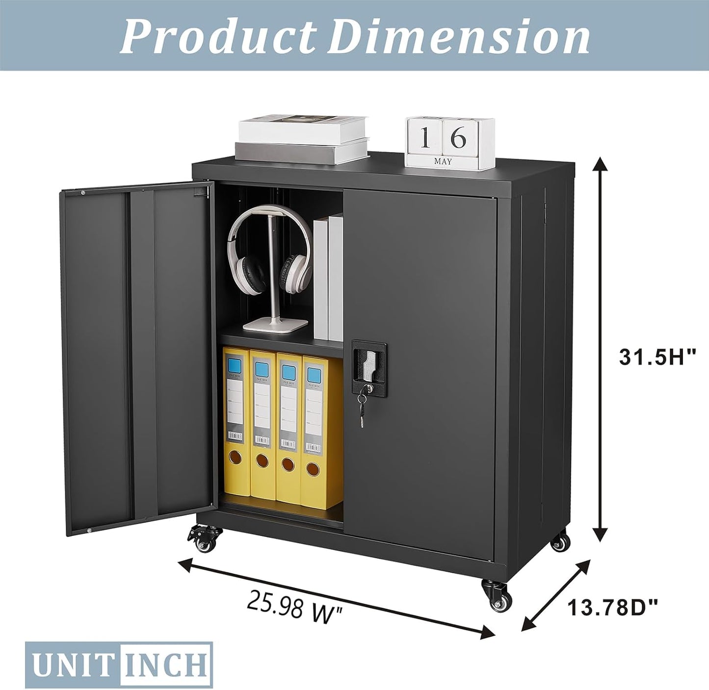 LUCYPAL Metal Storage Cabinet with Wheels,Steel Locking Storage Cabinet with Adjustable Shelves and 2 Doors,31.5" H Garage Cabinet for Home Office,Black