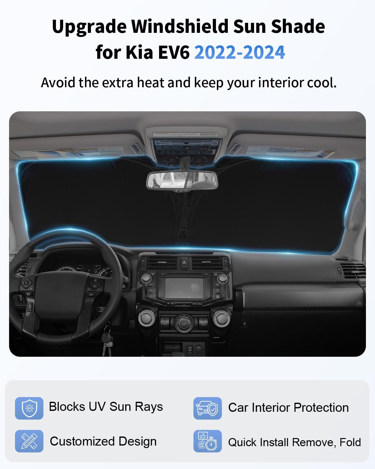 Sunshade for EV6 Windshield Sun Shade Custom Fit for Kia EV6 2022 2023 2024 2025 Accessories 2 Layers Front Window Shield Sun Visor 240T Material Windshield Cover Protector Block UV Rays Heat