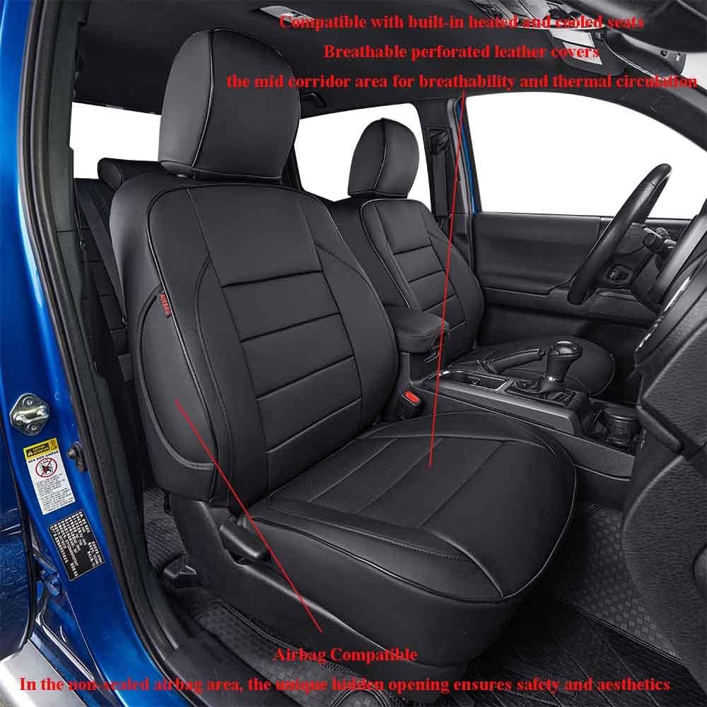 EKR Custom Fit Tacoma Front Car Seat Covers for Select Toyota Tacoma 2016 2017 2018 2019 2020 2021 2022 2023 Double Cab/Access Cab - Front Row Only, Leather (Black)
