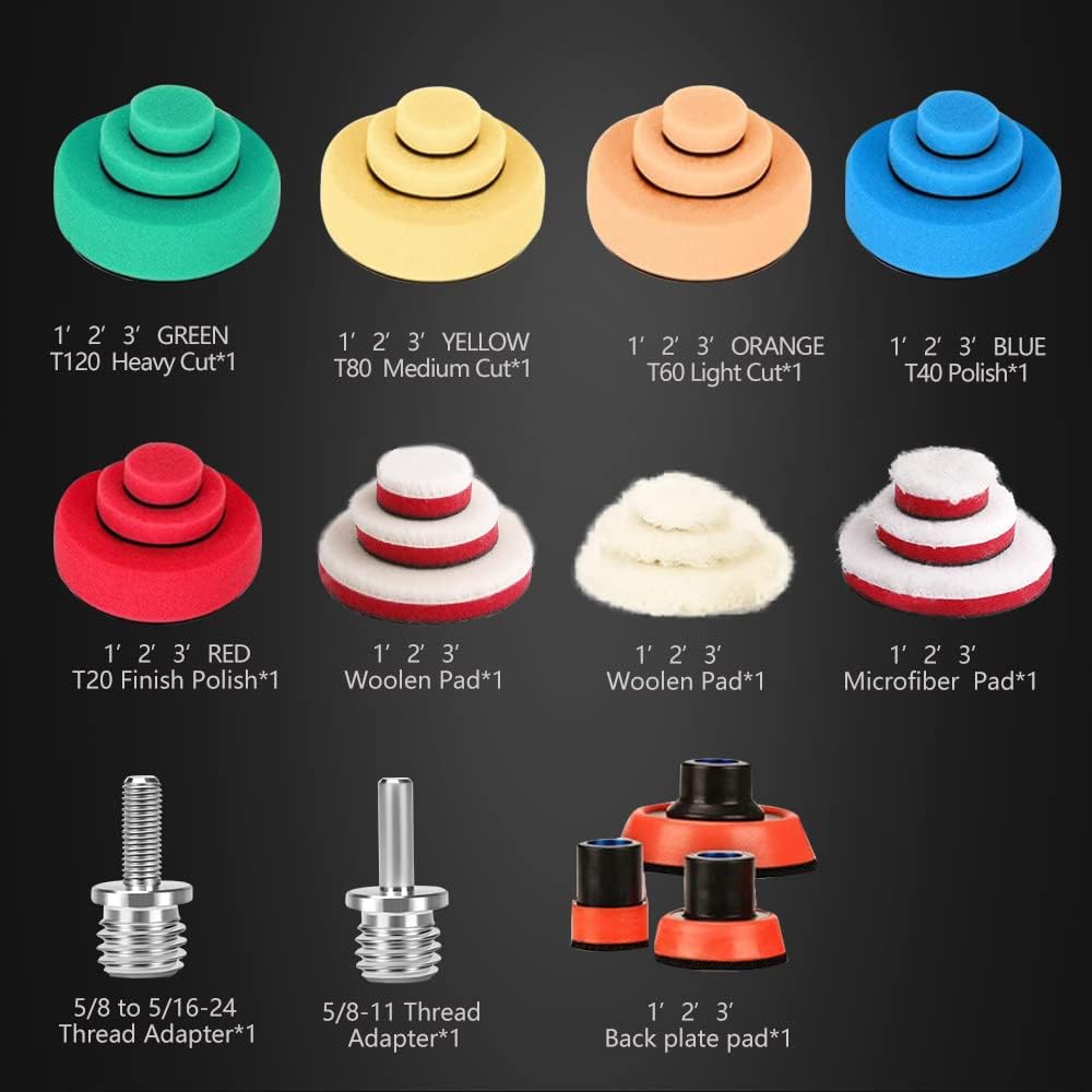 SPTA 29pcs Drill Buffing Pad Detail Polishing Pad Mix Size Kit with 5/8-11 Thread Backing pad & Adapters for Car Sanding, Polishing, Waxing, Sealing Glaze