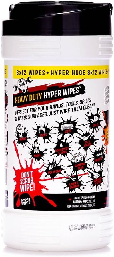 Hyper Wipes, 2 Pack Heavy Duty Hand & Tool Cleaning Wipes, 8"x12" Size Multi-Surface Cleaning Wipes, Degreasing, All Purpose Cleaner, Bathroom, Mechanic, Work Surface Wipes, 180 Count Canister