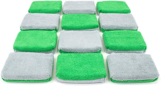 Autofiber Thin [Saver Applicator Terry] Ceramic Coating Applicator Sponge | 12 Pack | with Plastic Barrier to Reduce Product Waste. (Green/Gray)