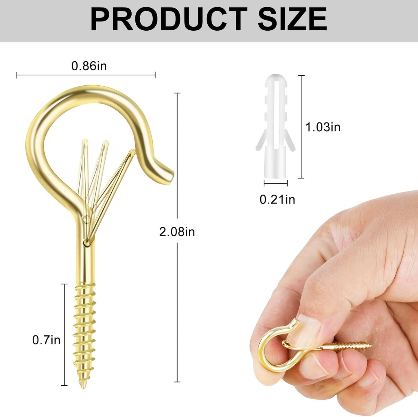 12 PCS Q-Hanger Hooks, Screw Hooks for Outdoor String Lights, Safety Buckle Design Cup Eye Hook for Hanging Christmas Lights, Plants, Wind Chimes, Mounted on Wall Ceiling, Windproof, Gold