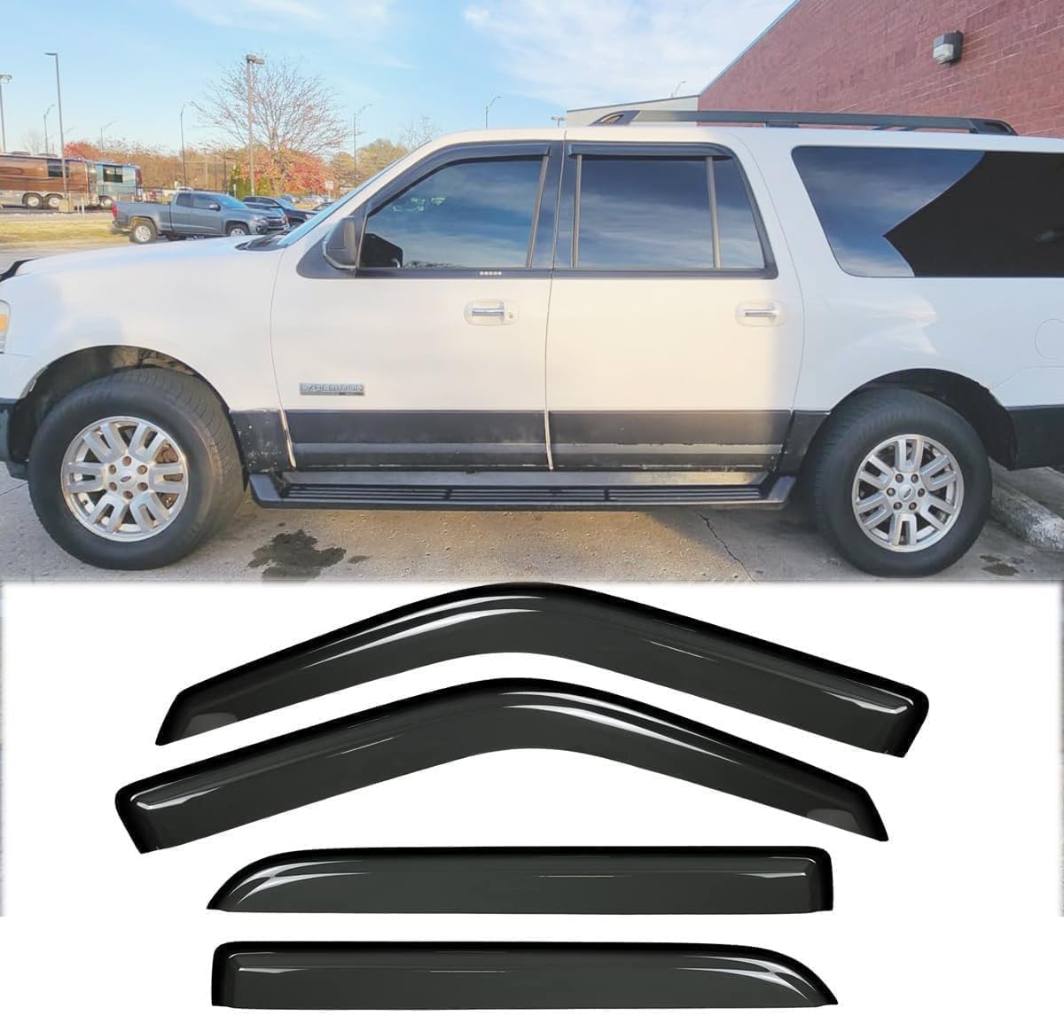 4pcs Original Shatterproof Outside Mount Style Sun Rain Guard Shields Side Window Wind Deflectors Dark Smoke Vent Window Visors for 1997-2017 Expedition / 1998-2017 Lincoln Navigator 94233