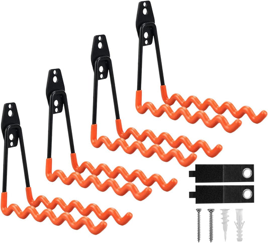 Garage Hooks, 4 Pack Wave Hooks for Hanging Heavy Duty Ladders, Bikes, Tools Ideal for Garage, Garden, Basement Utility Room Storage (Orange)