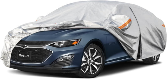 Kayme 6 Layers Car Cover Custom Fit for Chevrolet Chevy Malibu (1997-2025) Waterproof All Weather for Automobiles, Outdoor Full Cover Rain Sun UV Protection.Silver