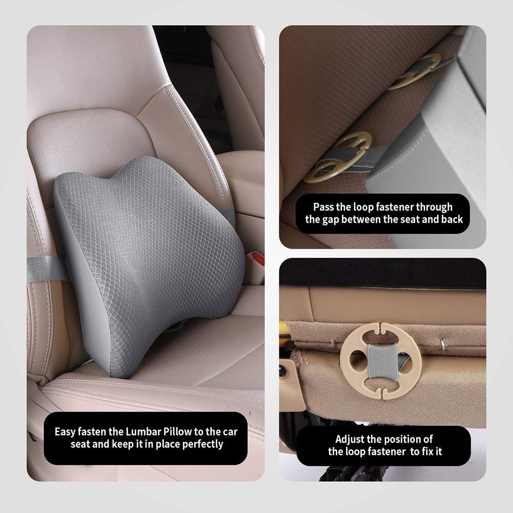 Memory Foam Lumbar Support Pillow for Car - Back Support for Car Seat (Gray)