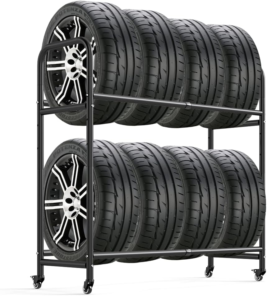 Hershii Tire Storage Rack Standing Garage Storage Shelf Organizer for Indoor Outdoor Use, Rolling Tire Rack Adjustable - Black 24.80-42.51'' X 15.35'' X 44.09''