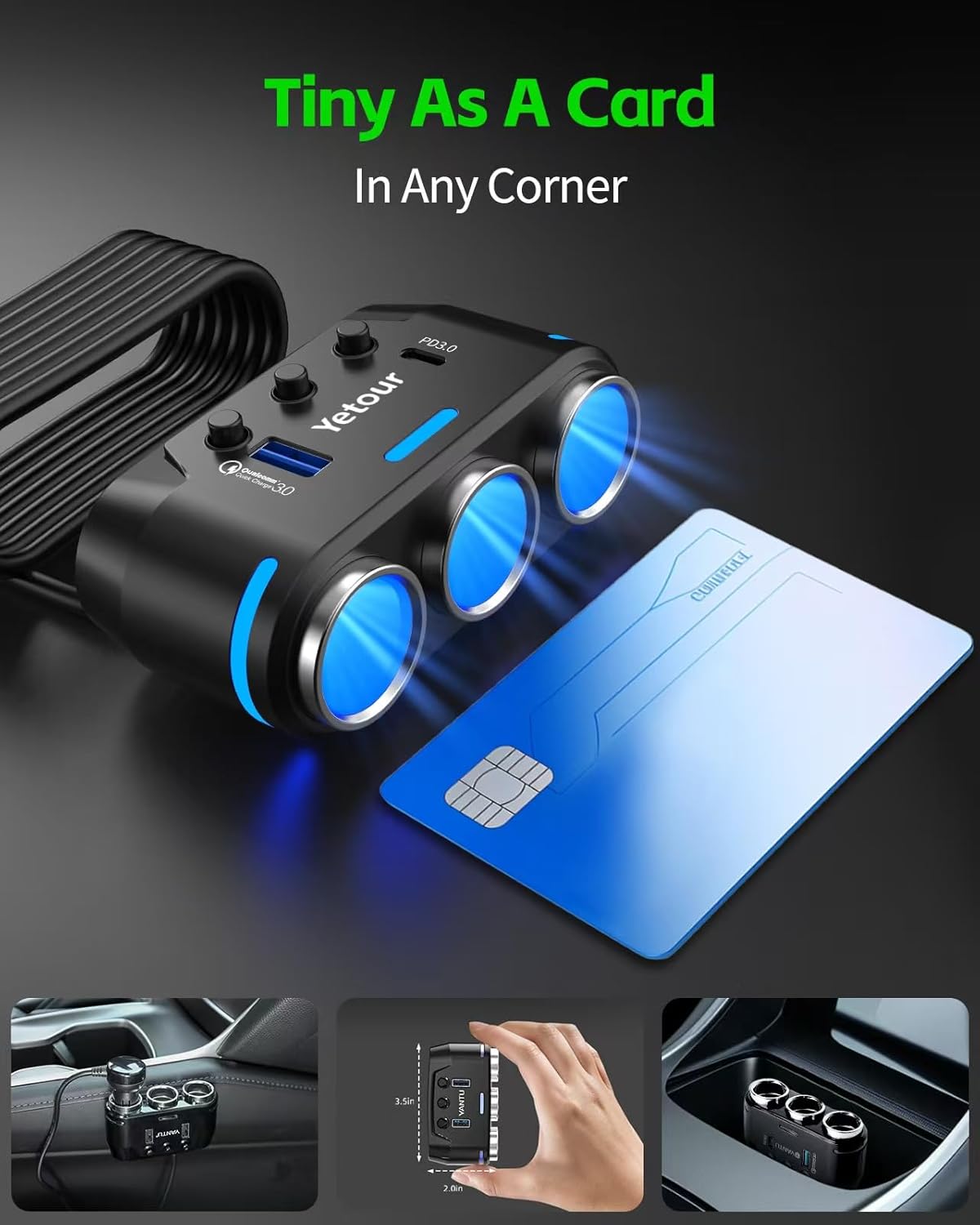 YANTU Cigarette Lighter Adapter/Splitter with PD&QC3.0 230W,Double/Dual USB C Car Charger Fast Charging 12V Outlet,Multi Socket Splitter with Ambient Lights/Independent Switches for Cars/Trucks/RVs