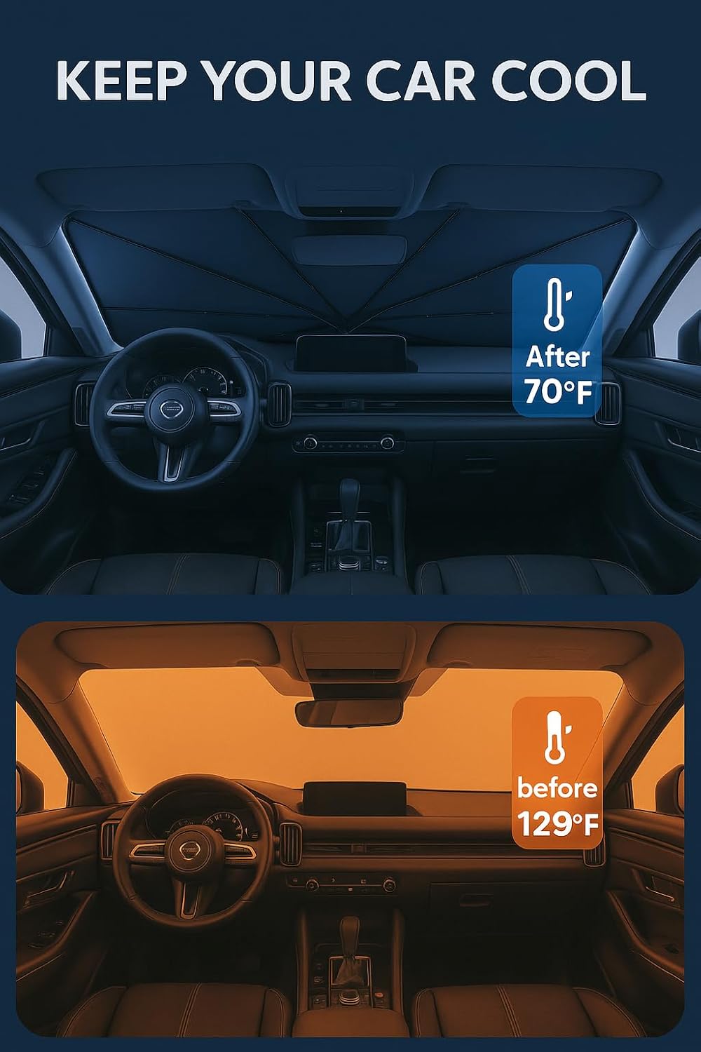 Proadsy Windshield Sun Shade Umbrella for Mazda CX-50 2023-2025 2026 Foldable Car Umbrella Sunshade with Soft TPU Handle Spring Structure Crystal Cooling Material Protect Car from Rays & Heat