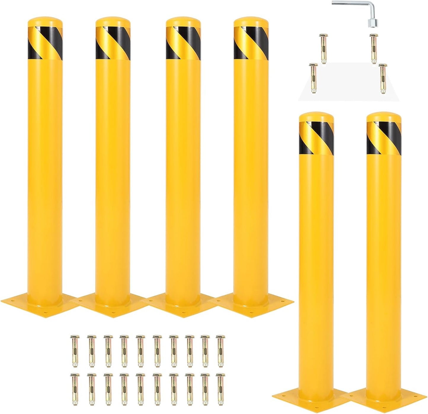 4.5x48 Inch Safety Bollard Post - Yellow Steel Bollard with Anchor Bolts (6-Pack) for Parking Lots, Walkways & Traffic Areas