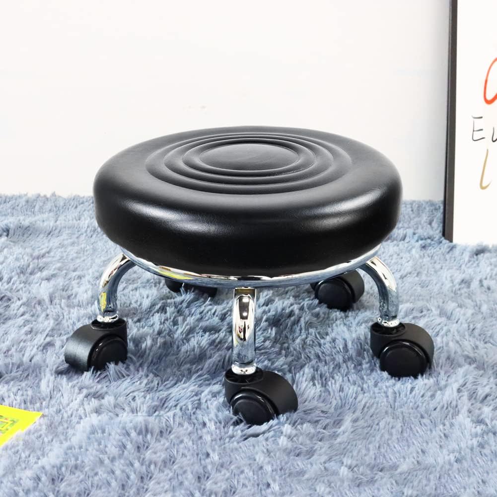 Modern Roller Seat PU Leather Low Round Rolling Stool 360 Swivel Small Stool with Universal Caster Wheels for Home Office, Garage, Shop, Fitness, Sport (H: 8.4' Black)