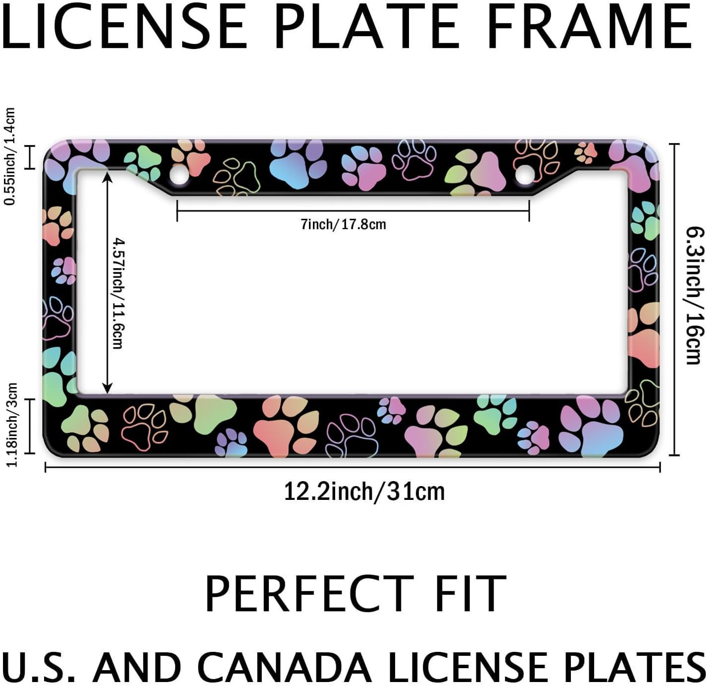 Dog Paw Car License Plate Frames, Colorful Pet Paw Printed License Plate Holder Cover, Metal Aluminum Rustproof Car Accessories for US Canada Standard Women Men 2 Holes with Screw Caps