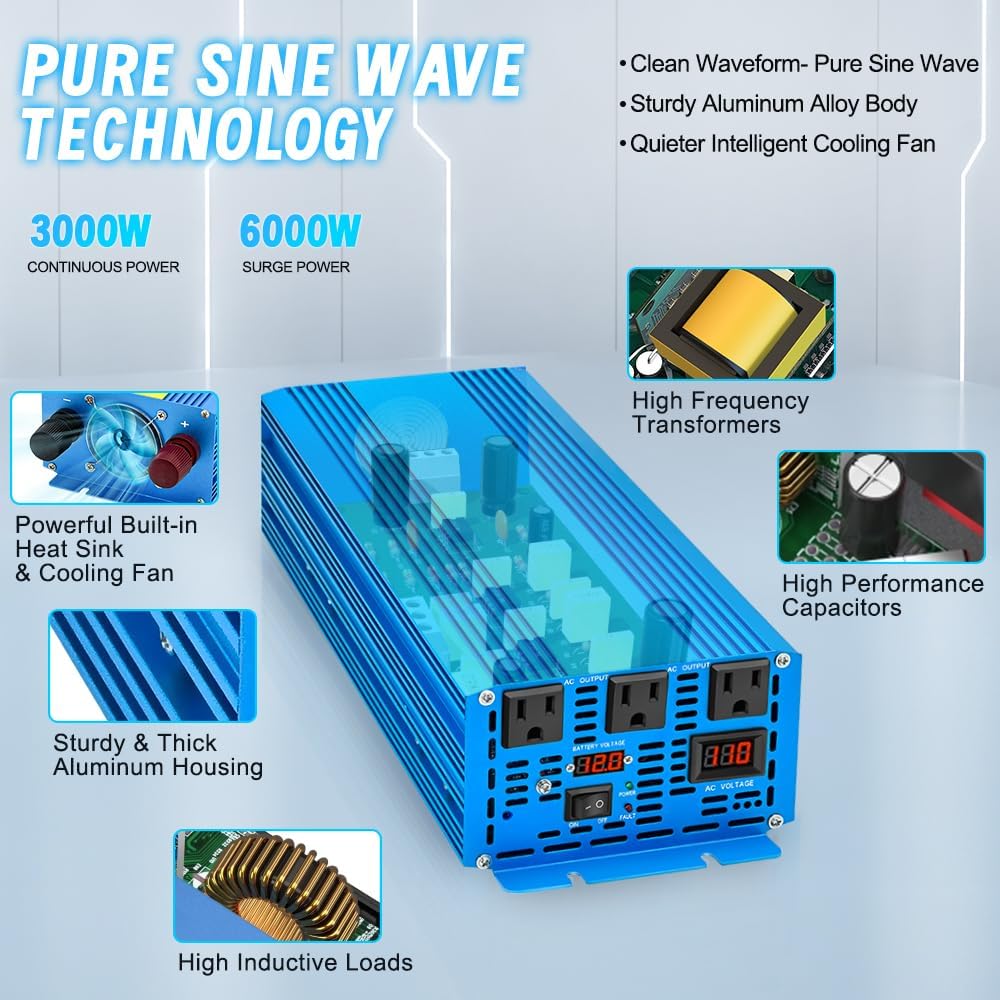 LVYUAN 3000 Watt Pure Sine Wave Inverter 12V to 110V 120V DC to AC with 3 AC Sockets, LED Display, Wireless Remote Control, Car Power Inverter for Vehicles Home RV Camping Truck Solar System