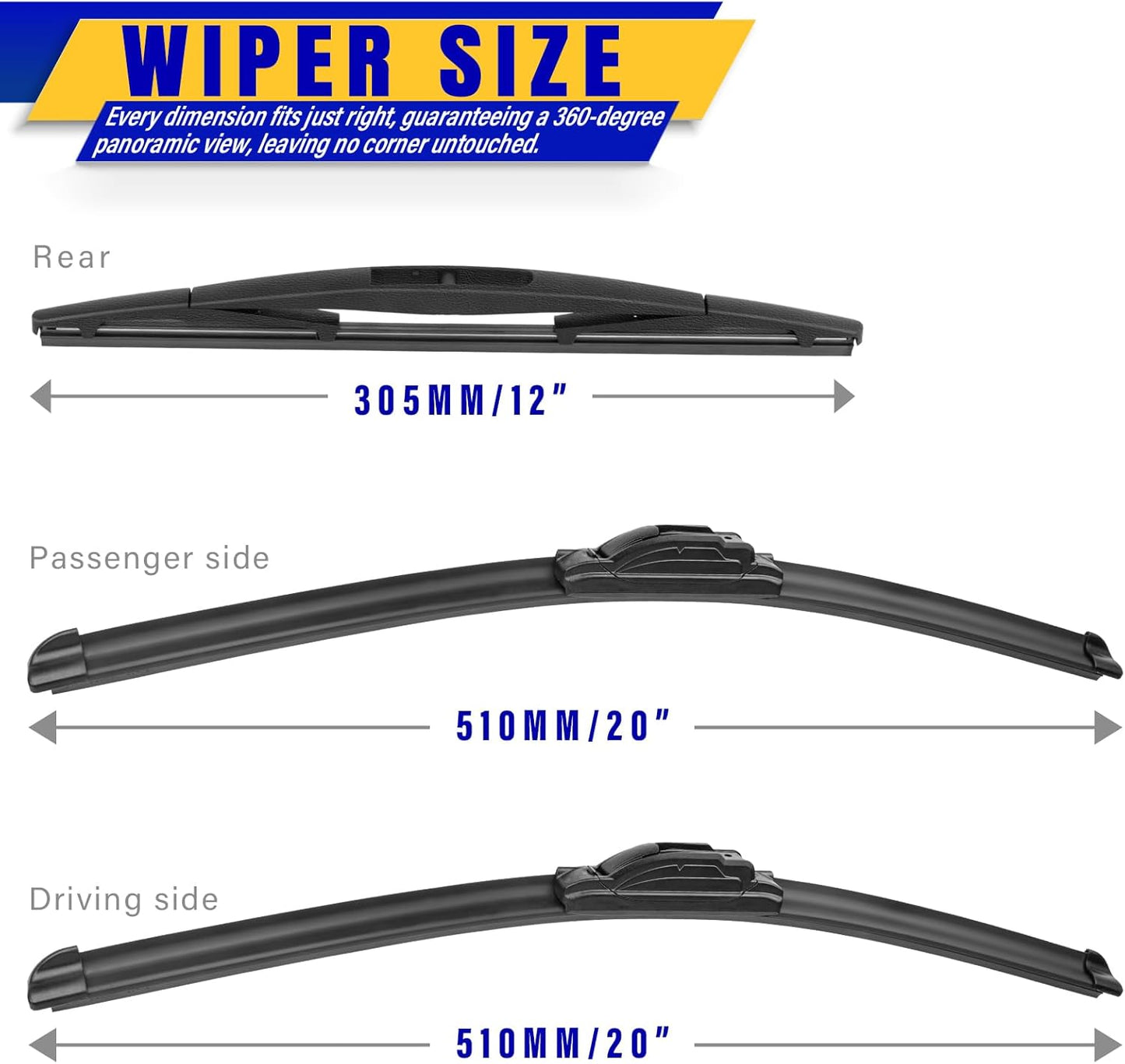 3 wipers Replacement for 2003-2009 Honda Element/2009-2014 Nissan Cube, Windshield Wiper Blades Original Equipment Replacement - 20"/20"/12" (Set of 3) U/J HOOK