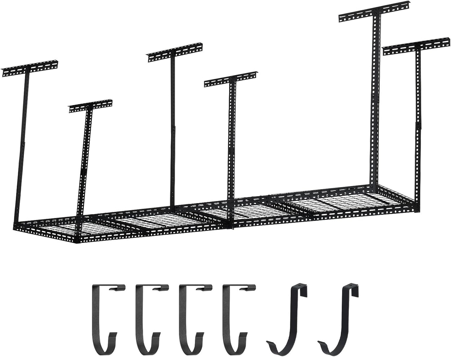 Overhead Garage Storage Rack 2x8 FT, Steel Ceiling Shelves 660lb Capacity, Height Adjustable 22-40 Inches, Space-Saving for Attic Basement Shed (Black, 6 Posts)