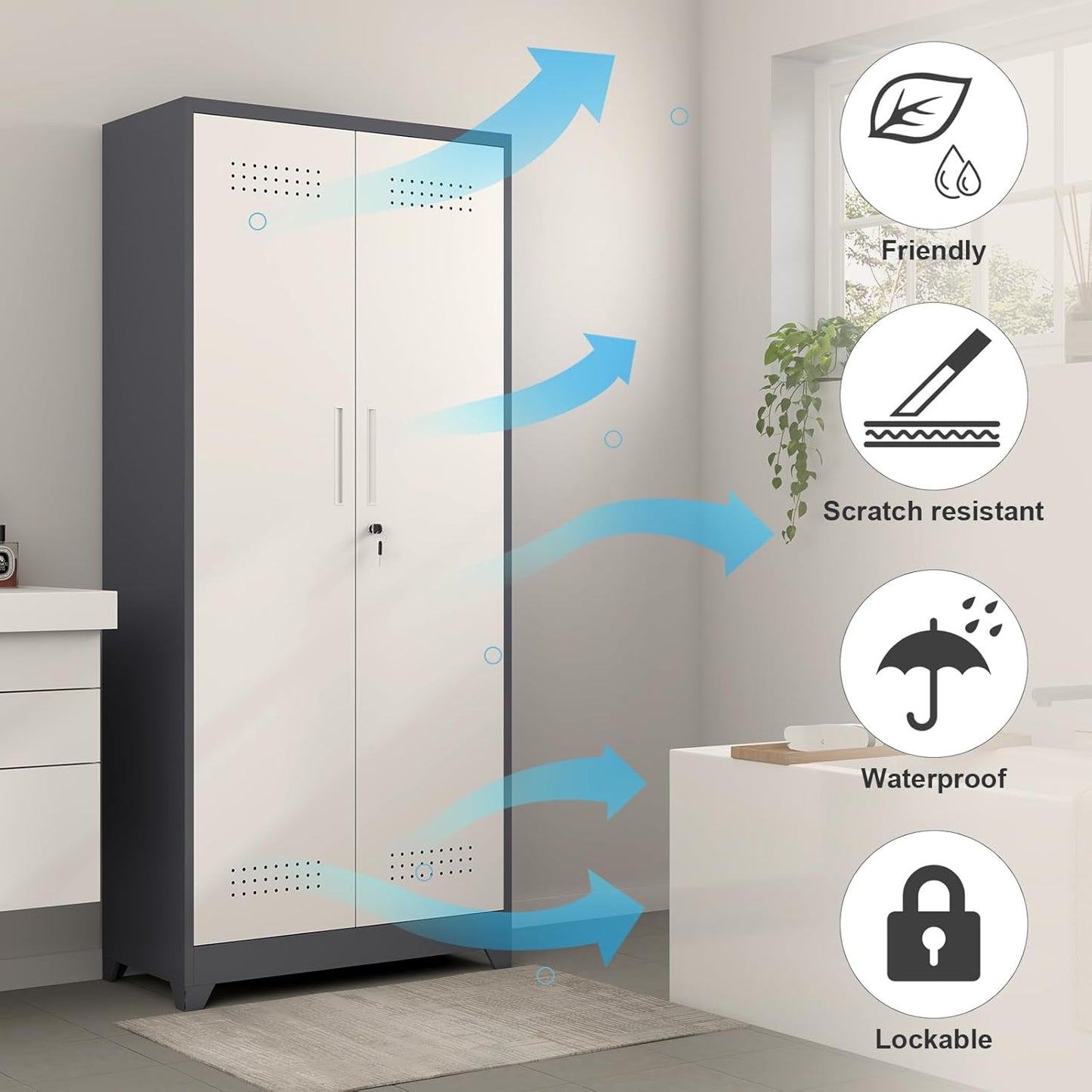 GREATMEET 72.8" H Metal Garage Storage Cabinets with Lock Door and Adjustable Shelves,Grey&White Broom Closet Storage Cabinet for Cleaning Supplies, Utility Closet for Garage, Bathroom,Kitchen,Home