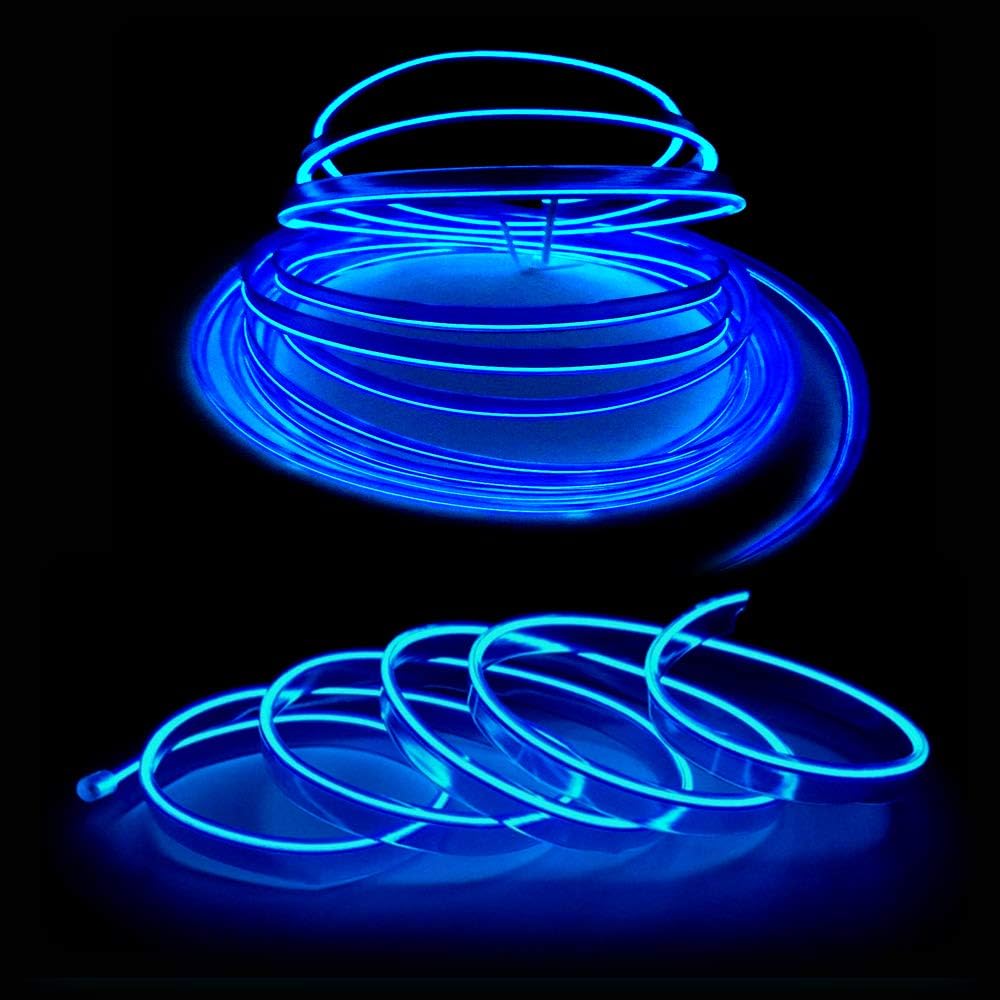 El Wire Blue Interior Car LED Strip Lights, 2M Neon Wire USB 5V with Fuse Protection for Automotive Interior Decoration, with 6mm Sewing Edge