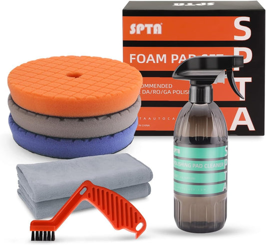 SPTA Buffing Polishing Pads Kits, with 3Pcs 5.5 Inch Polishing Pads,16oz Polishing Pad Cleaner, 2 Microfiber Towel and 1 Pad Cleaning Brush, All for Car Buffer Polisher, Polishing and Buffing