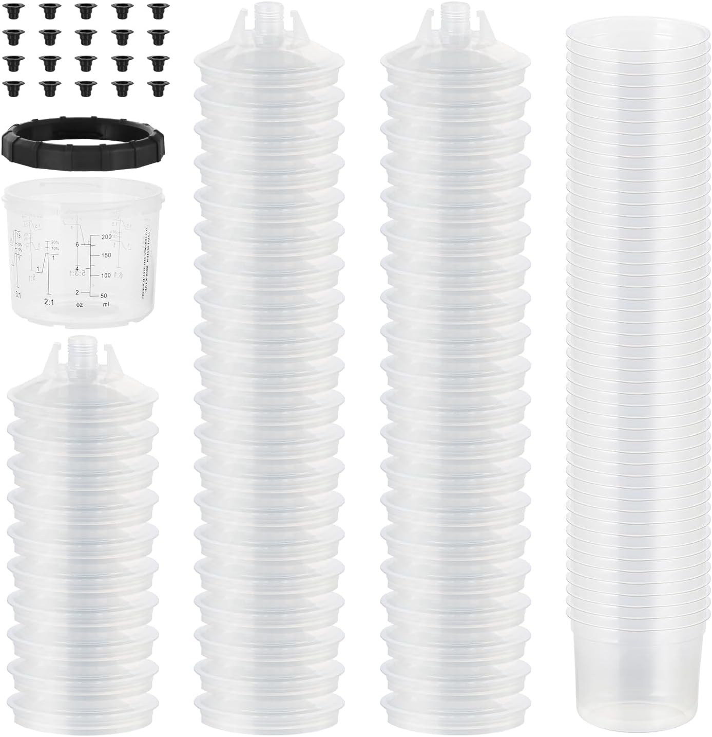 Disposable Paint Spary Gun Cups(200ML/6.7OZ), Spray Paint Cup Kit with 50 Cup Liners, 50 Lids, 20 Sealing Plugs, 1 Retainer Ring, 1 Hard Cup for Automotive Paint Gun