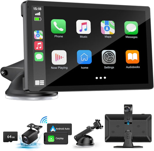 Wireless Carplay Screen for Car with 4K Dash Cam, 9" Portable Carplay & Android Auto, Component Subwoofer, Touchscreen with 1080p Backup Camera, GPS Navigation/Voice Control/BT/Mirror Link/FM